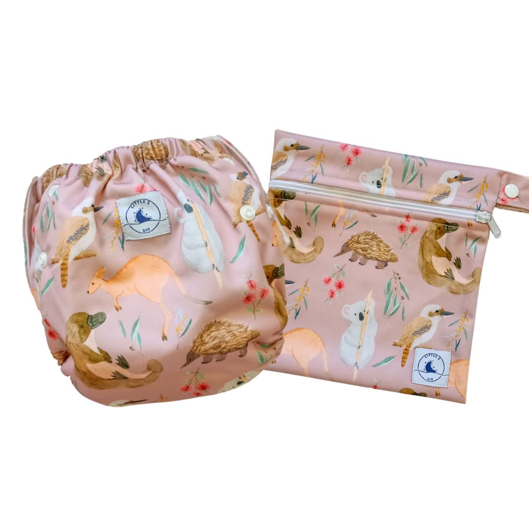 Little E & Co - Reusable Swim Nappy & Mini Wet Bag | Aus Animals