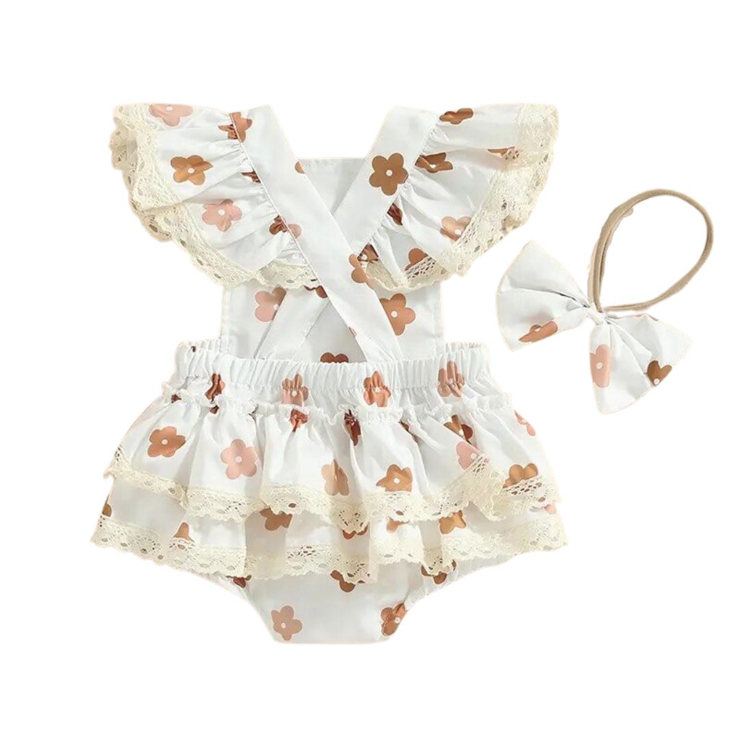 Neutral Flowers Romper & Matching Headband