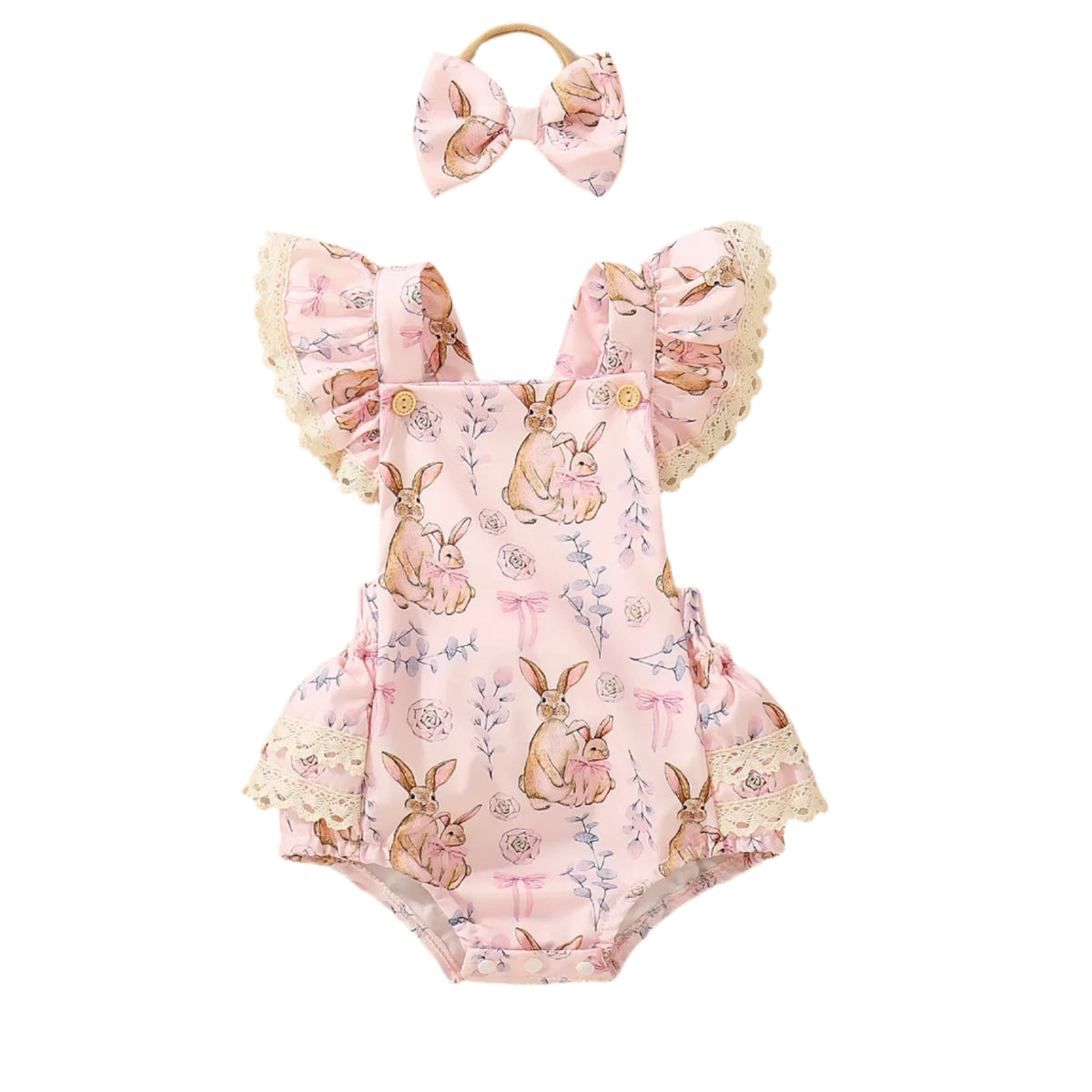 Lace Trim Bunny Romper Set | Pink