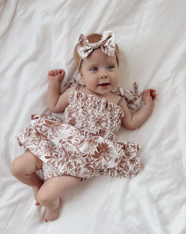 Tie Scrunch Romper & Matching Headband - Neutral Florals