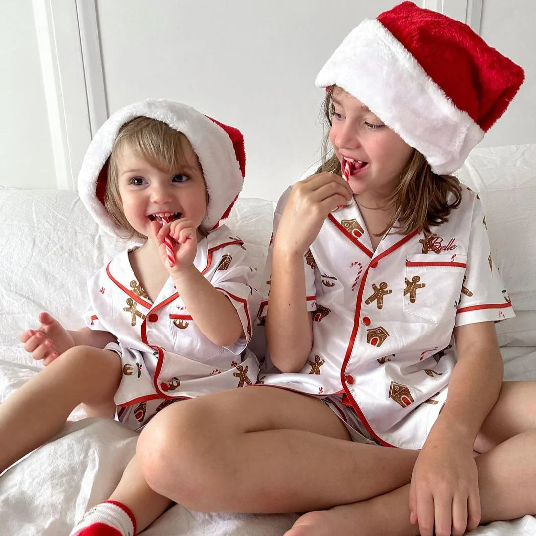 Midnight Mischief - Kids Christmas Satin Personalised Short Sleeve Pyjama Set | Gingerbread