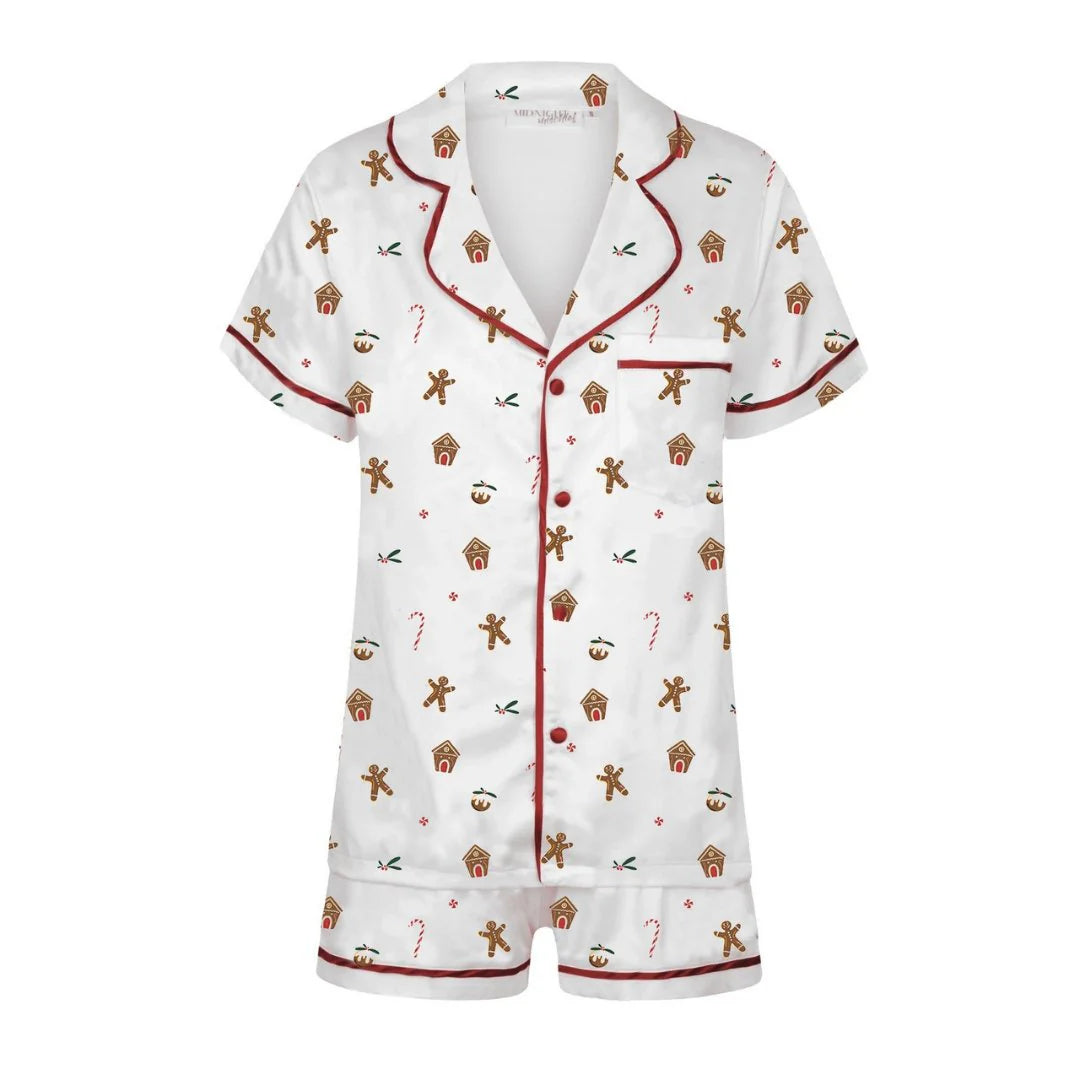 Midnight Mischief - Kids Christmas Satin Personalised Short Sleeve Pyjama Set | Gingerbread