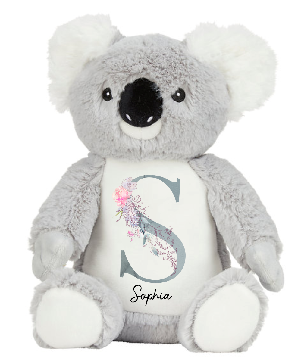 Timber Tinkers - Personalised Koala Plush - Grey Floral Letter