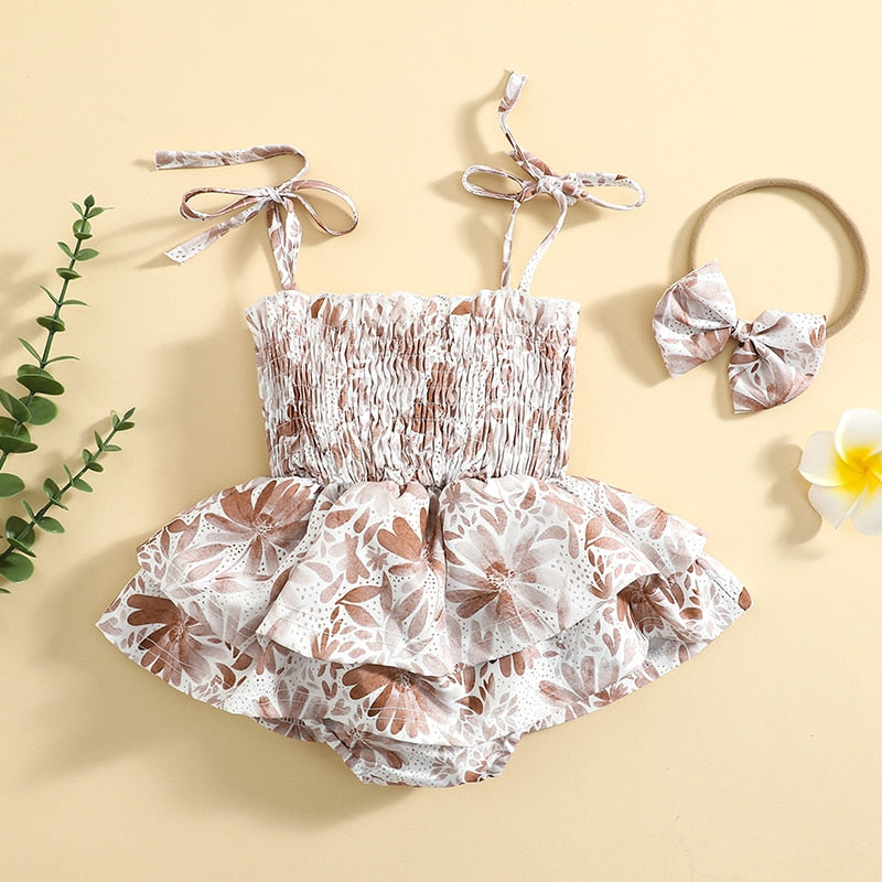 Tie Scrunch Romper & Matching Headband - Neutral Florals