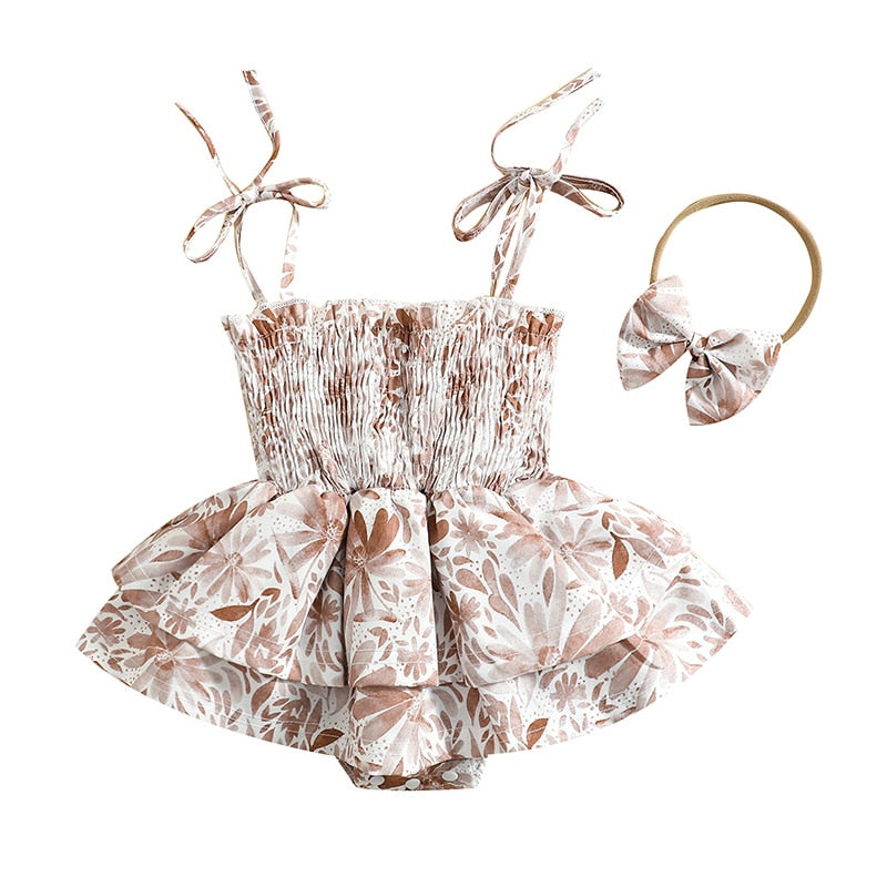 Tie Scrunch Romper & Matching Headband - Neutral Florals