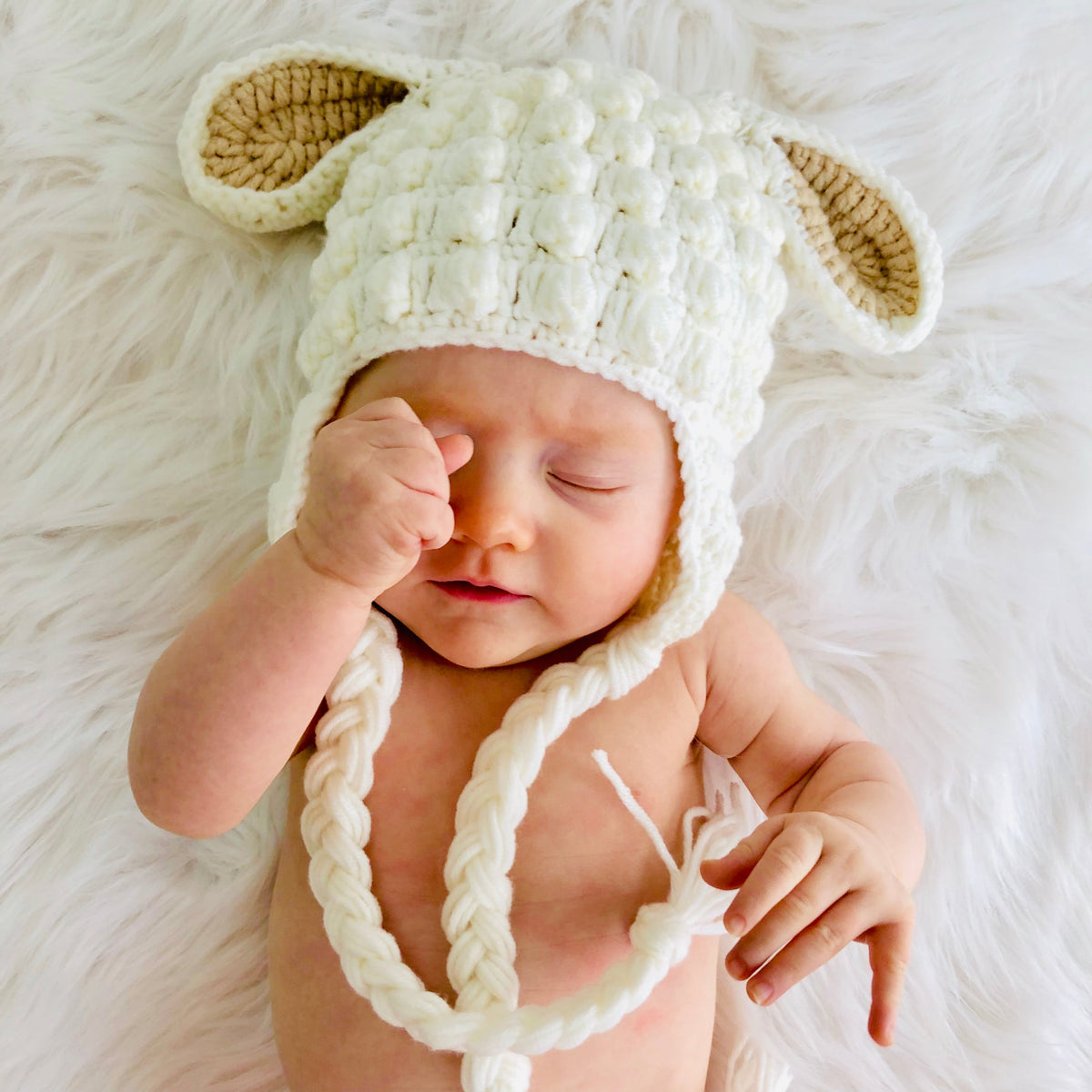 Tinker Tot Baby - Handmade Crochet Beanie – Lamb with Tan/Brown Ears